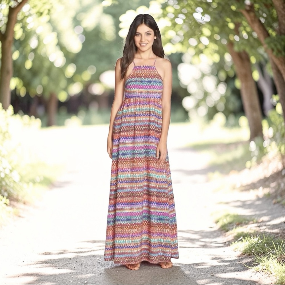 NWT CeCe by Cynthia Steffe Halter Maxi Dress 6P Hot Pepper Geometric Petite